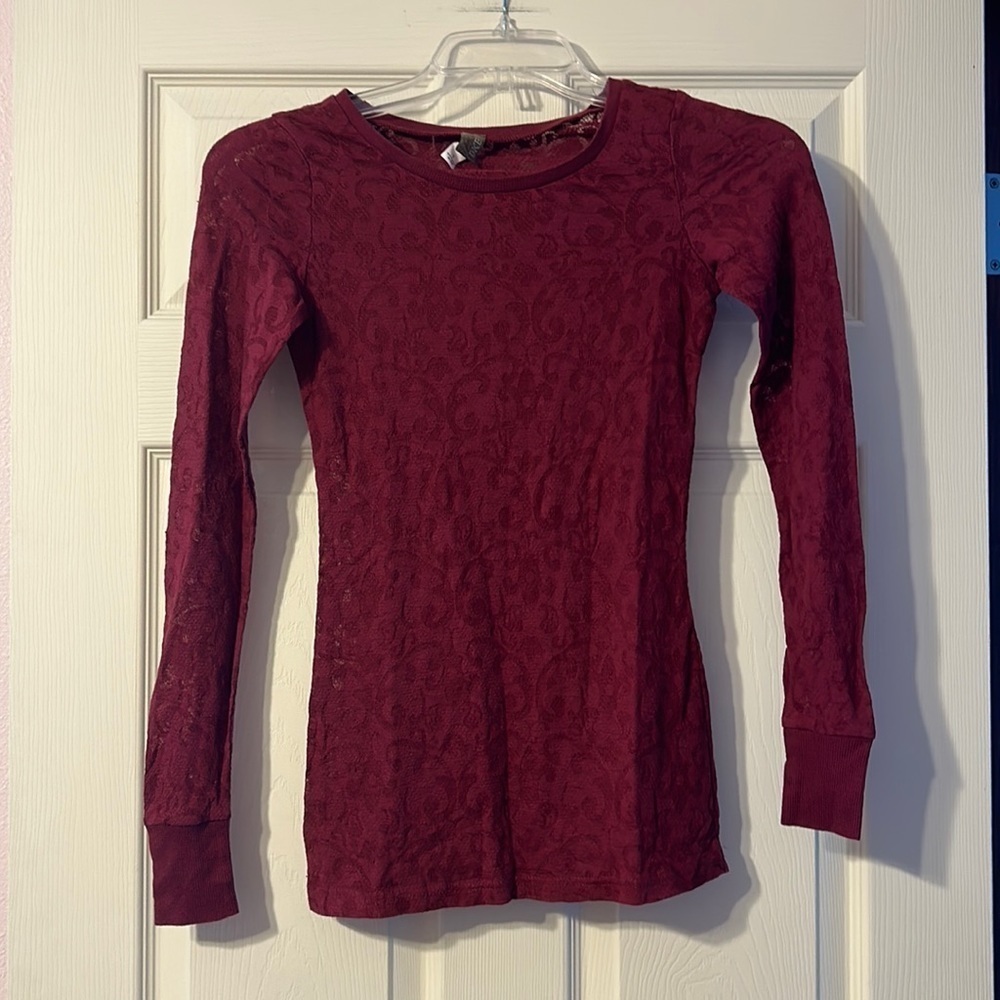 BKE Long Sleeve Burgundy Burnout Shirt Small